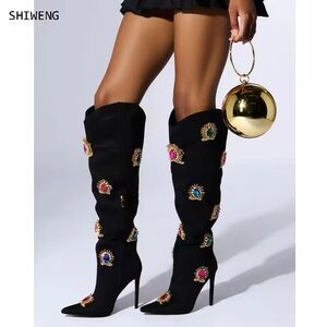 Black Embellished Knee-High Boots